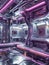 A vast, complex network of industrial pipes and machinery creates an intricate, dreamlike environment bathed in a