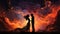 In the vast expanse of an abstract cosmic background, silhouettes of a man and a woman entwine, symbolizing the union of souls.