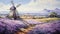 vast field of lavender in full bloom, with a traditional Japanese windmill in the foreground, art painting by AI generated