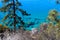 Vast gorgeous clear blue lake water with lush green plants and rocks on the banks of the lake at Lake Tahoe