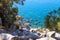 Vast gorgeous clear blue lake water with lush green plants and rocks on the banks of the lake at Lake Tahoe