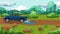 Vast grassland and mountain terrain made of polygon with cut by soil roads and puddle. Pick-up or truck car driven until the water