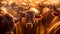 The vast industrial cattle farms, a sea of cattle stands together. Generative AI