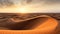 A vast landscape of desert, sand dunes and striped sky. As the grains of sand take off with the breeze, the silence and enchanting