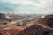 vast, open-pit mine in a desolate landscape with massive excavation equipment, dust clouds, and polluted water sources