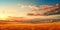 vast plains during sunset, with the sky ablaze in warm colors and the land bathed in soft light.