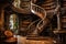 A vast room showcasing a captivating spiral staircase, offering a striking visual element, An old library with wooden bookshelves