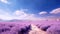 A vast and serene lavender field stretching out into the distance, mountains and a bright sky in the background
