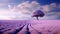 A vast and serene lavender field stretching out into the distance, a tree and a bright sky in the background. Generative