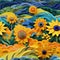Vast sunflower fields, paper cut, colorful, Generative AI