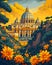 Vatican City, Italy - Panoramic View of a Dome Building, Columns, Trees, Flowers, Painting, Art