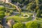 Vatican gardens seen from top of St. Peter`s basilica, center of Rome, Italy