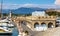 Vauban port and yacht marina with medieval Bastion Saint Jaume walls and Fort Carre castle in Antibes city in France