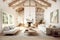 Vaulted ceiling in room with two white sofas and armchairs. Interior design of modern living room with timber beams. Created with