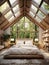 Vaulted ceiling with skylights in farmhouse. Interior design of modern rustic bedroom