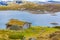 Vavatn lake panorama landscape cottages huts snowy mountains Hemsedal Norway