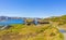 Vavatn lake panorama landscape cottages huts snowy mountains Hemsedal Norway