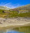 Vavatn lake panorama landscape cottages huts snowy mountains Hemsedal Norway