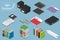 Ve tor isometric office tools accessories icons. For infographics or isometric design.