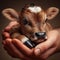 A veal held in the hand by people. Animal protection concept.