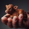 A veal held in the hand by people. Animal protection concept.