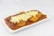 Veal parmigiana in a white platter isolated in white background
