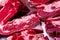 Veal steak raw bright red sliced piece flat large portion bone part cutting tray farm market
