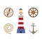 Vecotr flat cartoon nautical, marine symbols set.