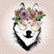 Vecotr portrait of dog, wearing the floral wreath and sunglasses. Siberian husky breed.