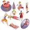 Vectoe set of cute hand drawn plump women in different actions. Doing fitness exercise, sunbathing, playing basketball