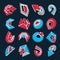 Vector 3d abstract icons set, simple corporate graphic design elements. Red and blue marketing symbols set isolated on black back