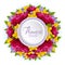 Vector 3d banner with realistic flowers of peony, celandine and viola. Floral round wreath