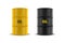 Vector 3d Barrels. Yellow and Black Steel Simple Glossy Metal Enamel Barrel with Oil Set. Fuel, Gasoline Barrel Icon Set