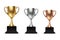 Vector 3d Blank Golden, Silver and Bronze Champion Cup Icon Set Closeup Isolated on White Background. Design Template of