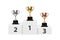 Vector 3d Blank Golden, Silver and Bronze Champion Cup on Winner Podium Closeup Isolated. Design Template of