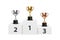 Vector 3d Blank Golden, Silver and Bronze Champion Cup on Winner Podium Closeup Isolated. Design Template of