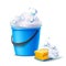 Vector 3d bucket and sponge with soapy bubbles