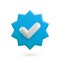Vector 3d Check mark realistic icon. Trendy plastic blue round starburst badge with checkmark, approved icon on white