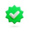 Vector 3d Check mark realistic icon. Trendy plastic green round starburst badge with checkmark, approved icon on white