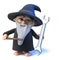 Vector 3d Funny cartoon wizard magician waves his wand at a ticket