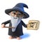 Vector 3d Funny cartoon wizard magician waves his wand at a ticket