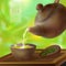 Vector 3d illustration of a tea ceremony. From the kettle filled with hot cup of tasty drink. Teapot, bowl and green tea leaves