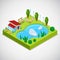 Vector 3d isometric illustration of country cottage with green grass, pond, trees, bench, table and chairs. Vacation