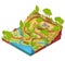 Vector 3D isometric illustration of cross section of a landscape park with a river, bridges, benches and lanterns.