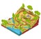 Vector 3D isometric illustration of cross section of a landscape park with a river, bridges, benches and lanterns.