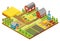 Vector 3d isometric rural farm with mill, garden field, trees, tractor combine harvester, house, windmill and warehouse