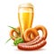 Vector 3d lager beer glass pretzel and sausage