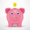 Vector 3d piggy bank. Golden coin. Business vector illustration. Piggy bank isolated with shadow. Vector piggy toy. Smile pig.