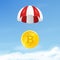 Vector 3d Realistic Bitcoin with Parachute in Sky. Rising Price of Bitcoin, Web banner of Blockchain Technology, Bitcoin