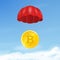 Vector 3d Realistic Bitcoin with Parachute in Sky. Rising Price of Bitcoin, Web banner of Blockchain Technology, Bitcoin